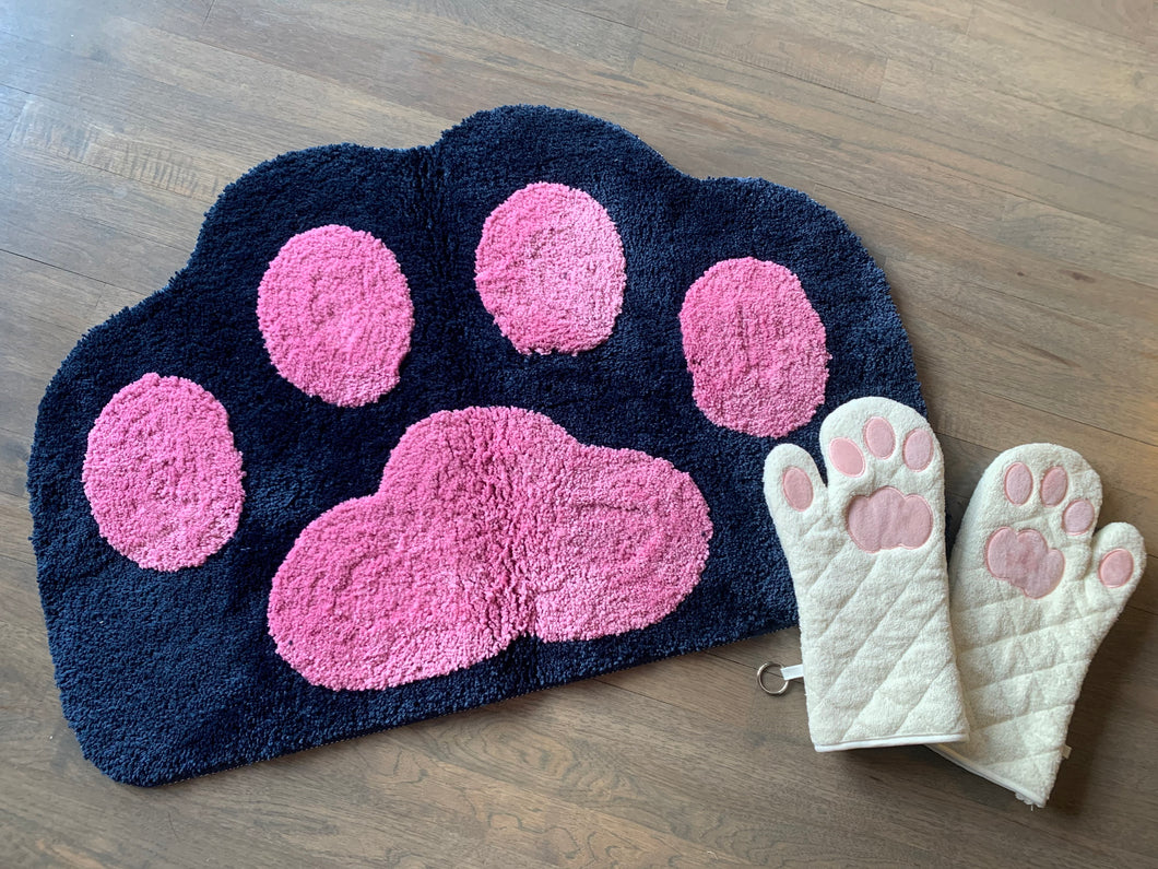Cricket & Junebug Cat Paws Oven Mitts (White & Pink) & Bath Rug (Navy Blue & Pink)