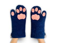 Load image into Gallery viewer, Cricket &amp; Junebug Oven Mitts Cat Paws - Navy Blue &amp; Pink
